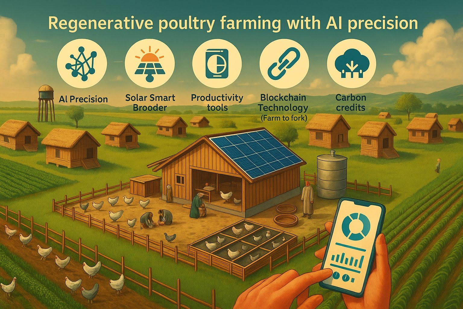 Illustration of a poultry farm connecting solar power, AI insights, productivity tools, and farm-to-fork traceability.