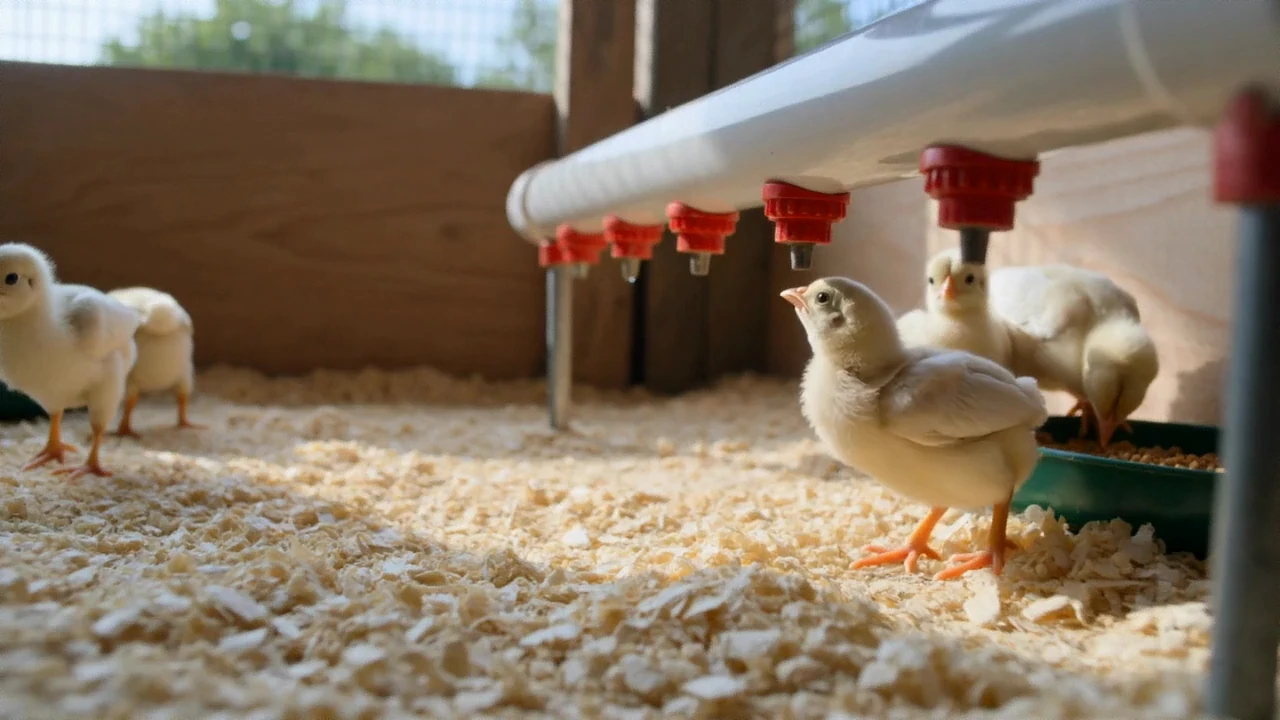 Yellow chicks moving freely on wood-shaving bedding, eating from a green feeder and drinking from a nipple drinker line in a sunlit brooder.