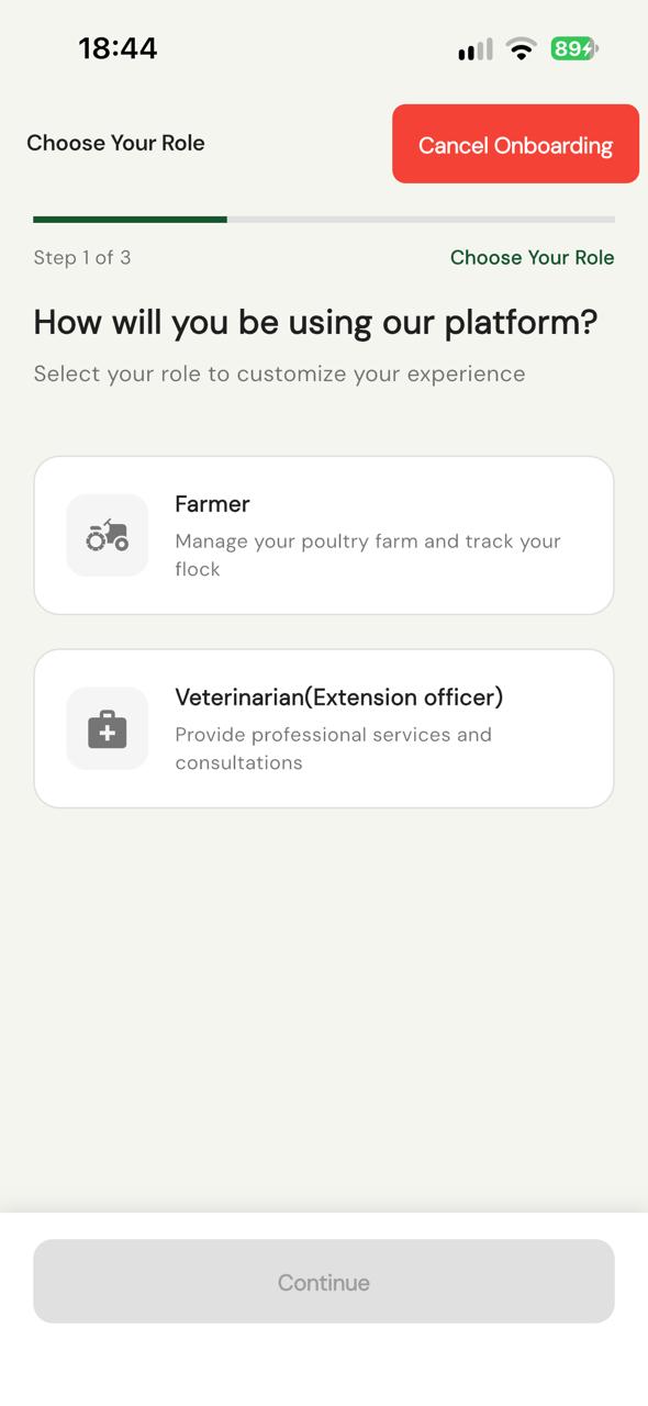 AgriFlock 360 signup screen offering Farmer and Veterinarian (Extension officer) roles